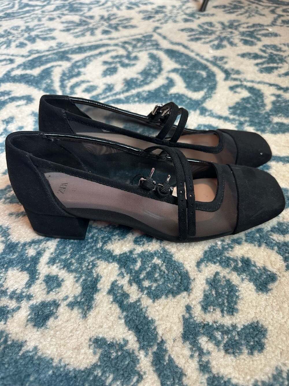 ZARA Black Mesh and Suede Double-Strap Block Heel Mary Janes